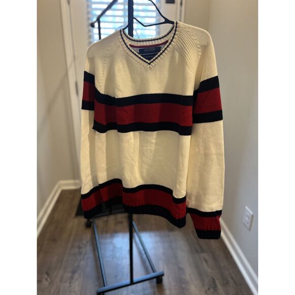 Vintage Tommy Hilfiger Cream and Red V-Neck Sweater- XL - Picture 4 of 10
